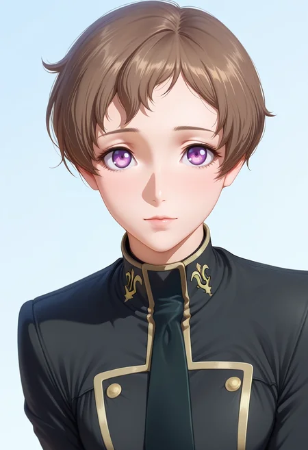 masterpiece, best quality, , semi-realistic, looking at viewer, 1boy, solo, male focus, <lora:rolo_lamperouge_ilxl:0.94>, rolo_lamperouge, brown hair, purple eyes, short hair, ashford academy school uniform, aged up
