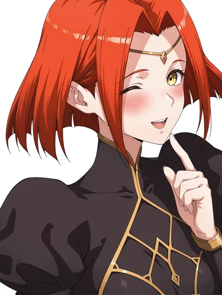masterpiece,best quality,newest,
1girl,solo,
<lora:l_anna_ilxl_v1.0>,anna,circlet,short hair,red hair,yellow eyes,
a_clothes,black long_sleeves,black highleg leotard,
<lora:Fixhands_anime_bdsqlsz_V1:1>,looking_at_viewer,face_focus,dynamic_angle,cinematic_angle,finger to own chin,laughing,light_blush,one eye closed,white_background,simple_background,wide_shot,upper_body,