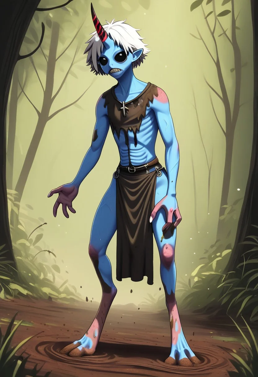 ((Alien humanoid)), solo, androgynous, aquatic features
blue skin, ((webbed skin between fingers)),
((nostrils only, nostril slits, vertical nasal slits, narrow nostrils)):1.6, ((narrow eyes)), ((black sclera, black irises)), smooth skin, pointy ears, small ears, tiny ears, holes in skin, forehead horn, short horn, veiny horn, ((single horn)):1.0, ((4 fingers)), fingernails, thin lips, ((white hair)), ((short hair, spiky hair)), sharp teeth, ((digitigrade legs)), bent legs,
full body shot
ragged clothes, muddy clothes, loincloth, tunic, dirty
Medieval style, fantasy style,
style: r1n,
((Variety)):1.2
((dutch angle))
river background
fully clothed, loose clothing, clean lines, smooth colors, detailed fingers, sfw, source: semi-realistic, rating: pg, score: 8 up, score: 9