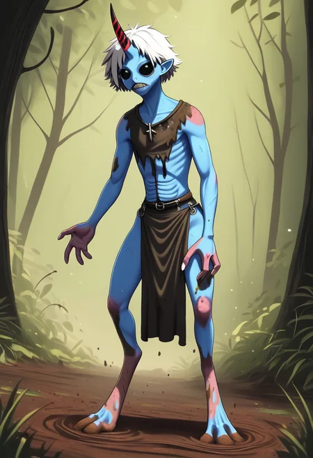 ((Alien humanoid)), solo, androgynous, aquatic features
blue skin, ((webbed skin between fingers)),
((nostrils only, nostril slits, vertical nasal slits, narrow nostrils)):1.6, ((narrow eyes)), ((black sclera, black irises)), smooth skin, pointy ears, small ears, tiny ears, holes in skin, forehead horn, short horn, veiny horn, ((single horn)):1.0, ((4 fingers)), fingernails, thin lips, ((white hair)), ((short hair, spiky hair)), sharp teeth, ((digitigrade legs)), bent legs,
full body shot
ragged clothes, muddy clothes, loincloth, tunic, dirty
Medieval style, fantasy style,
style: r1n,
((Variety)):1.2
((dutch angle))
river background
fully clothed, loose clothing, clean lines, smooth colors, detailed fingers, sfw, source: semi-realistic, rating: pg, score: 8 up, score: 9