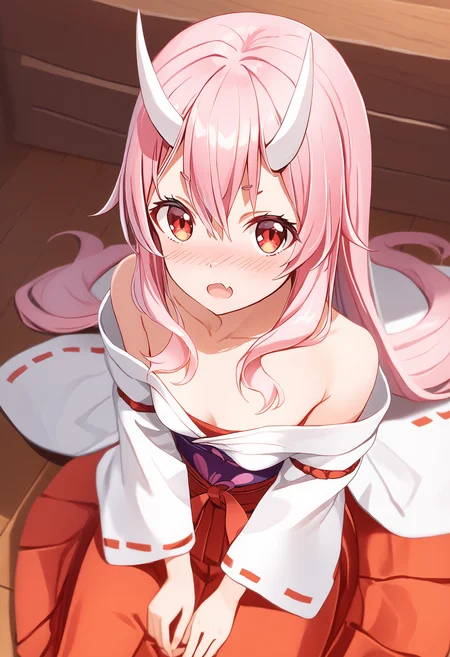 score_9, score_8_up, score_7_up, masterpiece, best quality,
shuna \(tensei shitara slime datta ken\), oni, 1girl, solo, japanese clothes, pink hair, oni horns, long hair, hair between eyes, blush, looking at viewer, sitting, miko, bangs, from above, kimono, skirt, red hakama, ribbon-trimmed sleeves, looking up, red eyes, open mouth, skin fang, wooden floor, wide sleeves, collarbone, indoors, bare shoulders, long sleeves, nose blush, white kimono, off shoulder, bed, small breasts, wariza
<lora:oni_girl_concepts_v2:1>