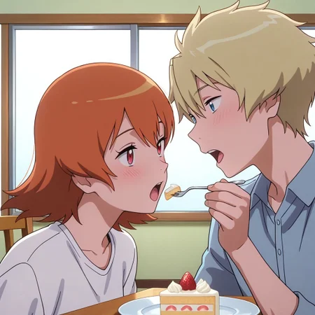 (couple,:1.3),
1girl,sora_takenouchi_tri, orange hair, red eyes,,
1boy,yamato_ishida_tri,blond hair, blue eyes,,
romance,hetero,,
masterpiece, absurdres, newest, perfect quality, best quality, absolutely eye-catching, amazing quality, very aesthetic, high resolution, ultra-detailed,,
feeding,food, open mouth, incoming food,,
cake, plate ,holding fork,,
(wide shot:1.3)