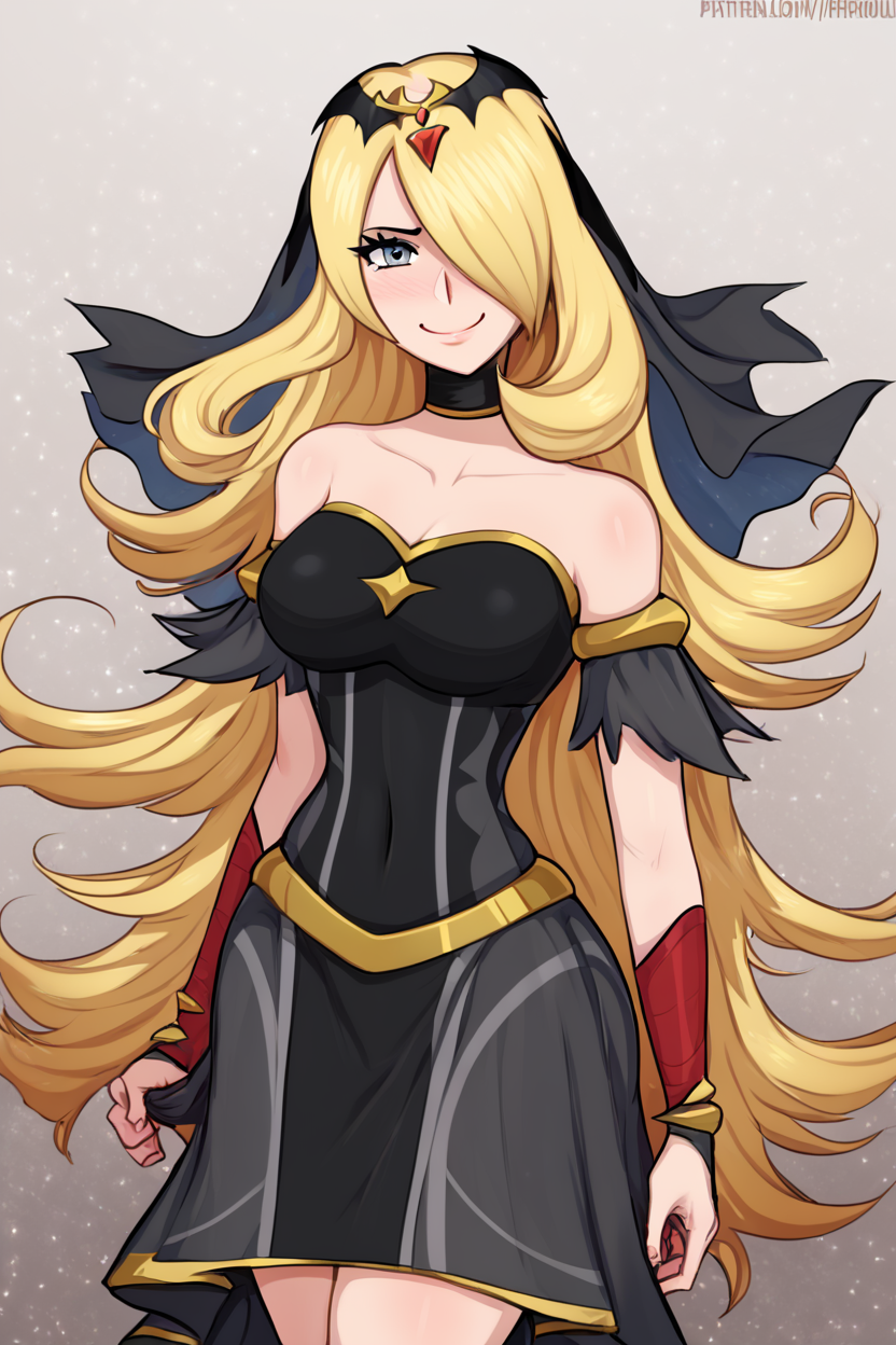 score_9, score_8_up, score_8, medium breasts, (curvy), cute, eyelashes,       BREAK, , ,,,  zzCynthiaRenegade, grey eyes, long hair, blonde hair, hair over one eye, hair ornament, official alternate costume,  black dress, black choker, veil, tiara, collarbone,  <lora:CynthiaRenegade_Pokemon_PDXL:1.0>,   ,,, , BREAK, <lora:Afrobull_PDXL_v4:0.8>,  ,,, BREAK, smile, looking at viewer, closed mouth, cowboy shot,  ,,, embedding:zPDXL, Expressiveh, ,,, <lora:SDXLFaeTastic2400:0.5>, <lora:Expressive_H-000001:0.4>,
