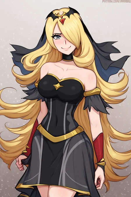 score_9, score_8_up, score_8, medium breasts, (curvy), cute, eyelashes, BREAK, , ,,, zzCynthiaRenegade, grey eyes, long hair, blonde hair, hair over one eye, hair ornament, official alternate costume, black dress, black choker, veil, tiara, collarbone, <lora:CynthiaRenegade_Pokemon_PDXL:1.0>, ,,, , BREAK, <lora:Afrobull_PDXL_v4:0.8>, ,,, BREAK, smile, looking at viewer, closed mouth, cowboy shot, ,,, embedding:zPDXL, Expressiveh, ,,, <lora:SDXLFaeTastic2400:0.5>, <lora:Expressive_H-000001:0.4>,