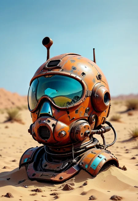 ultra high resolution, masterpiece, best quality, a sci-fi , in the desert, A rusty and broken forget retro space helmet in the sand, in the style of hyper realistic photography.