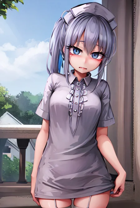 tf_silver_, <lora:silver_v1-000010:STE>, hat, thighhighs, white_legwear, solo, looking_at_viewer, nurse_cap, nurse, holding