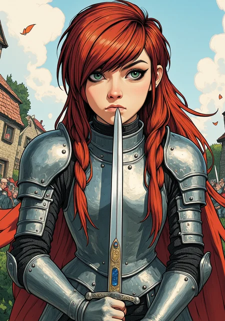 ff-comic, She has a distinctive 2000s scene/emo haircut: thick, sharply angled bangs that sweep across one eye, with long layered strands and long sidelocks that drape in front of her shoulders. Her eyes are framed by bold black winged eyeliner.A European woman with flowing auburn hair braided intricately down her back, wearing a gleaming suit of silver plate armor, stands at the gates of a besieged castle, her emerald green eyes locked onto the horizon where enemy forces gather, a longsword held steady in her gauntleted hand, its hilt adorned with sapphires, as the wind sweeps through the battlefield, carrying the smell of smoke and ash from the burning village below, while the distant sound of clashing steel and the cries of soldiers echo through the cold autumn air, her cape billowing behind her as she takes a deep breath and prepares for the charge.<lora:Comicbook_Flux-000013.safetensors:1.0:1.0> <lora:2000s_Scene_Emo_Hair.safetensors:1.0:1.0>