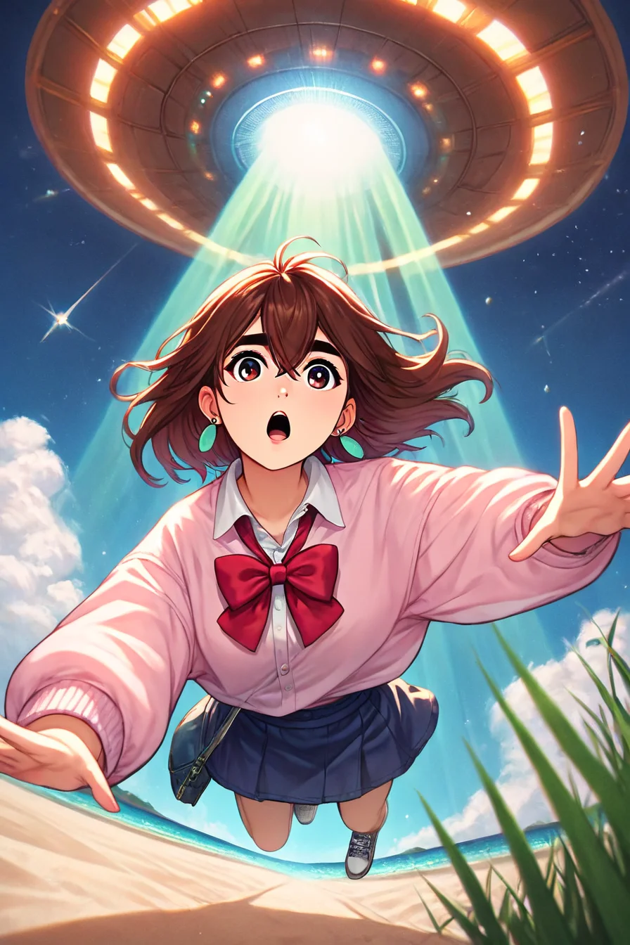 score_9, score_8_up, score_7_up, score_6_up, score_5_up, score_4_up, <lora:Momo_Ayase_Dandadan_V1:0.8> KJOmomo, brown hair, dark eyes, medium hair, hair between eyes, thick eyebrows, earrings, white collared shirt, oversized pink pullover, long sleeves, red bow, blue short skirt, untucked shirt,, <lora:Alien_abduction-000011:0.8>, 1girl, solo, alone, alien_abduction, abduction, ufo, tractor beam, spacecraft, beach, sand, sea, floating, from below, low-angle shot , masterpiece, highres,