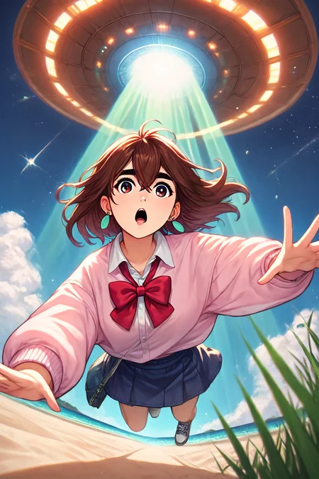 score_9, score_8_up, score_7_up, score_6_up, score_5_up, score_4_up, <lora:Momo_Ayase_Dandadan_V1:0.8> KJOmomo, brown hair, dark eyes, medium hair, hair between eyes, thick eyebrows, earrings, white collared shirt, oversized pink pullover, long sleeves, red bow, blue short skirt, untucked shirt,, <lora:Alien_abduction-000011:0.8>, 1girl, solo, alone, alien_abduction, abduction, ufo, tractor beam, spacecraft, beach, sand, sea, floating, from below, low-angle shot , masterpiece, highres,