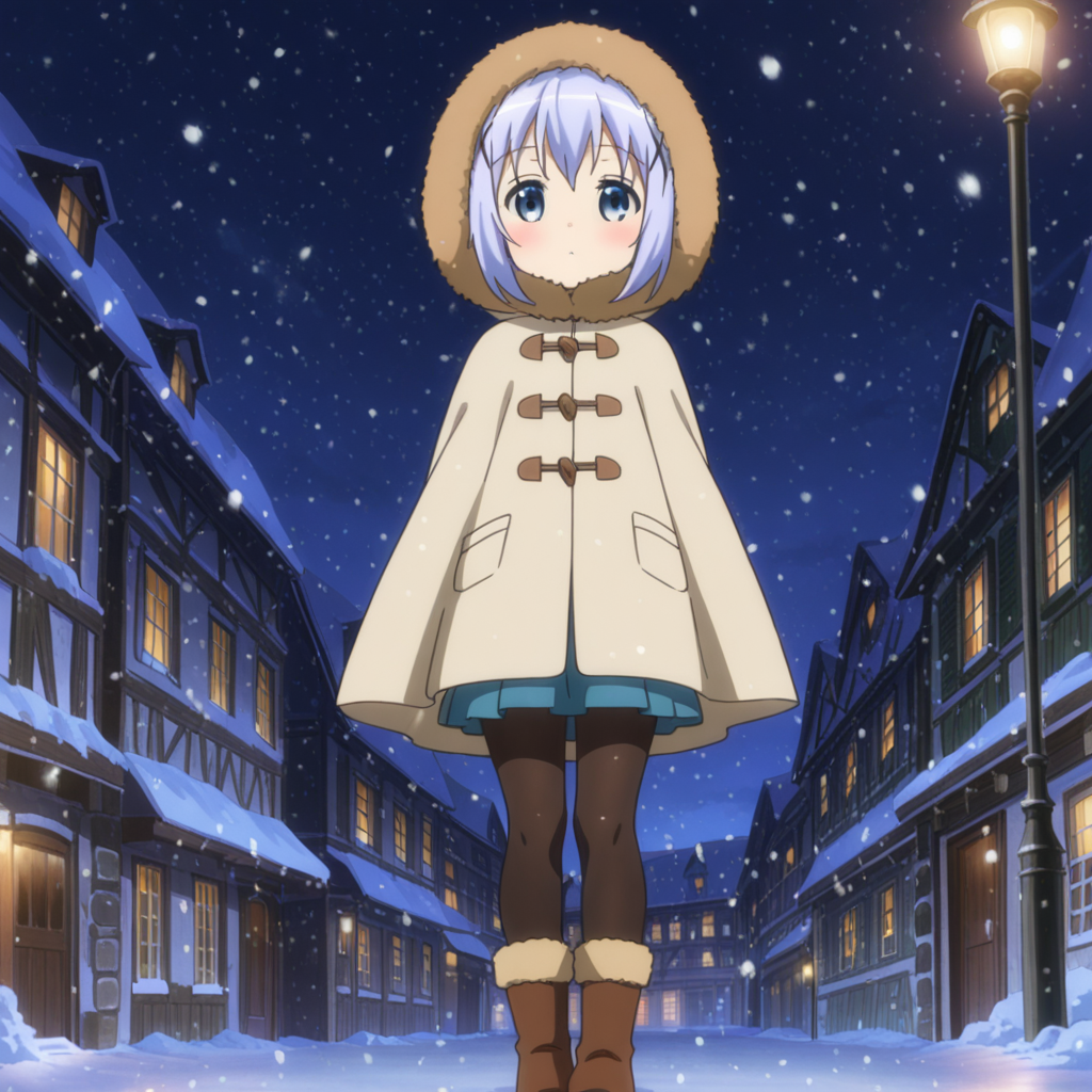 nsfw, masterpiece, best quality, amazing quality, 1girl, solo, is_the_order_a_rabbit_chino_kafu, standing, pantyhose, hood, boots, skirt, outdoors, short hair, blue eyes, building, black pantyhose, brown footwear,  lamppost, snowing, night, sky, bangs, looking at viewer, coat, <lora:Chino_Kafu_-_Is_the_Order_a_Rabbit:0.7>