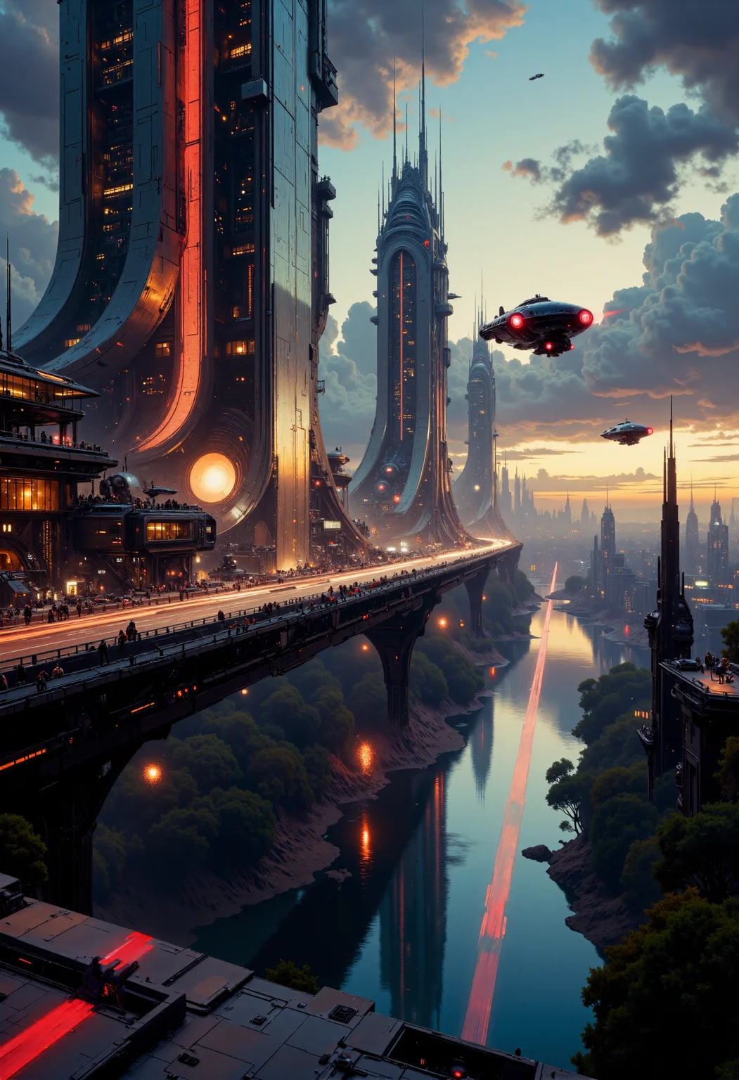 highest details, ultra hyper realism. highly detailed and realistic. intricate and highly professional artwork, an absolute masterpiece. dramatic lighting.
This is a high-quality digital painting in a futuristic sci-fi style, featuring a vibrant, otherworldly cityscape. The scene is set at dusk with a sky full of soft, glowing clouds tinged with hues of orange and purple, reflecting off a sleek, metallic river that winds through the city. Towering, cylindrical skyscrapers with intricate, geometric designs dominate the background, their reflective surfaces catching the light. Smaller, sleek, flying vehicles with red lights zip through the air, adding a sense of motion and energy. The camera angle is low, looking up at the towering buildings, emphasizing their grandeur. The lighting is soft and warm, creating a tranquil yet dynamic atmosphere. The aesthetic quality of the image is very high, with meticulous attention to detail and a visually striking composition.
<lora:artilands_v02_epoch_6:1> artilands02