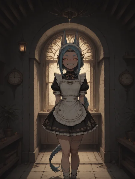 masterpiece,best quality,amazing quality,very aesthetic, mesugaki, haiz_ai, no lineart,no outline, HassaKu_illu, anime screencap, anime coloring, re4lity_sync_illu, S4bit4mago_illu, wasabi_natsume_illu, AmdrewXL, (character focus, close up:1.2),  Flat vector illustration, flat color, digital illustration, vintage dirt, eerie, 
 summer, heat, hot, dark theme, dark emerald theme, 
soft lighting, shadows, soft shadows, long shadows, 
1girl, (solo:1.6), feather_hair, impossible long hair, low_braided ponytail, bangs_pinned_back, no puplis, navy eyes, smiling, mature, looking at viewer, thick eyebrows, blue hair, dark Turquoise hair, tribal marks, toned,  tabi socks, flat chest, uneven teeth, robotic, skin lines, multicolored skin, (2::tanned, tanned skin:1.2),  pov, pov view, standing, legs together,  dynamic pose, cute pose, cute tail,  
circle print,  headband,
light orange satin intricate maid uniform, frills, apron, headband, 
BREAK
dark theme,  patterns,   gradient,  wallpaper, wall,  
 marble assymetric floor, floating tree, colored leafs, greenery, living nature,     rust,
old clock,cellar, walls, underground, Massive cranes, steam vents, factory chimneys, large machines, metal, metal pipes, large forklifts, small hazard lights, oily puddles,grand vaulted ceilings, intricately carved columns, gemstones in walls, elegant, symbols, mosaic floors, large stained glass windows, floating lanterns, winding staircases, rich tapestries, seating, 
<lora:NOOB_vp1_detailer_by_volnovik_v1:3> <lora:add-detail-xl:3> <lora:DetailedPerfect_hands_r1:1> <lora:feet_anime_pony_v2:1> <lora:S4bit4mago:0.6> <lora:xl_more_art-full_v1:0.2> <lora:anime_screencap:0.2> <lora:Granblue Fantasy XLV2:0.2> <lora:Sinozick_style:0.7> <lora:LineArt Grey [LoRA] - Illustrious-XL v0.1:0.3> <lora:Gothic_Grain_Illustrious:0.2> <lora:ppw_v7_Illuv1.0_1_r2:0.4>
