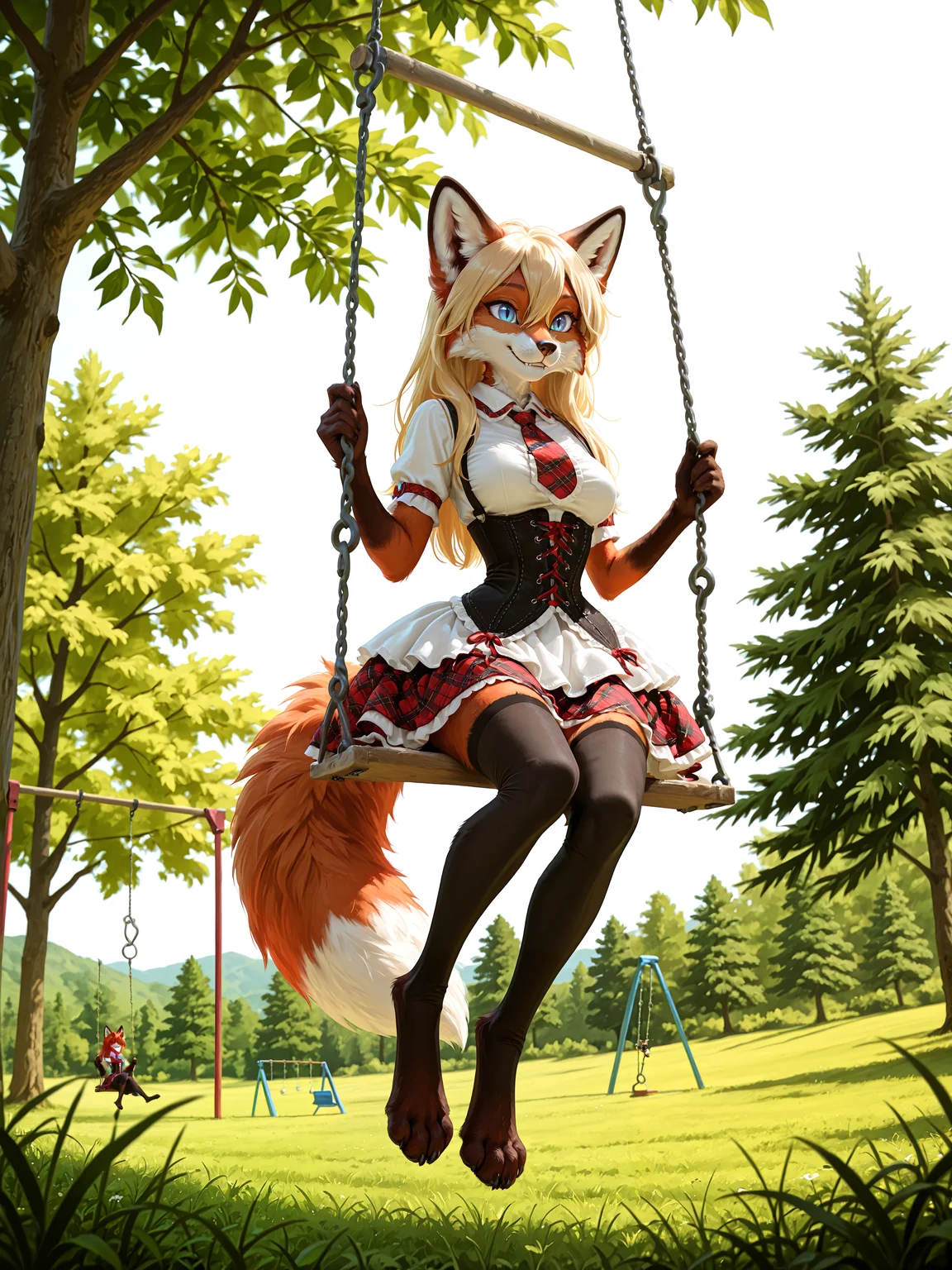 lazypos, 1girl, artist:kacey:0.75, petite female anthro red fox girl, medium breasts, athletic body, narrow waist, fox girl, two-tone fur, red fur, white fur, long blonde hair, hair between eyes, blue eyes, slit pupils, fox ears, fox tail, animal nose, cute face, adorable, sexy, fur, soft fluffy fur, smile, detailed eyes, beautiful eyes, snout, whiskers, full body, from below, digitigrade, fang out, <lora:FluffyFur-illustrious:0.55>, fur, fluffy, tuft, detailed fur, body fur, swing set, on swing set, outdoors, tree, meadow, <lora:HarajukuschoolgirldressILL:0.7> harsg dress, thighhighs, necktie, plaid skirt, corset, frills,