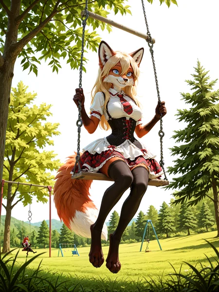 lazypos, 1girl, artist:kacey:0.75, petite female anthro red fox girl, medium breasts, athletic body, narrow waist, fox girl, two-tone fur, red fur, white fur, long blonde hair, hair between eyes, blue eyes, slit pupils, fox ears, fox tail, animal nose, cute face, adorable, sexy, fur, soft fluffy fur, smile, detailed eyes, beautiful eyes, snout, whiskers, full body, from below, digitigrade, fang out, <lora:FluffyFur-illustrious:0.55>, fur, fluffy, tuft, detailed fur, body fur, swing set, on swing set, outdoors, tree, meadow, <lora:HarajukuschoolgirldressILL:0.7> harsg dress, thighhighs, necktie, plaid skirt, corset, frills,