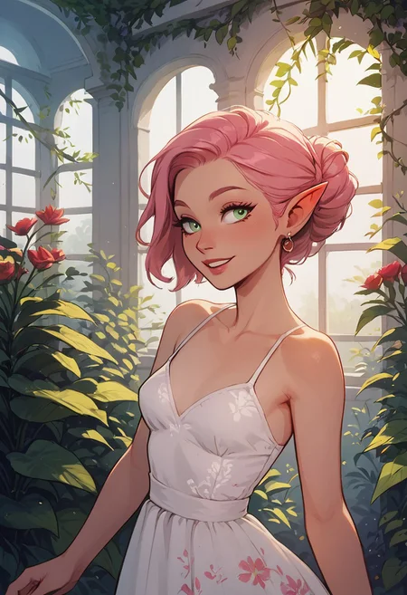 safe_pos, score_9, score_8_up, score_8, 1girl , solo sexy elf woman, light green eyes, straight long pink hair,  eyeliner, perfect face, elegant, refined, small breasts, colorful floral sundress, sweet smile, dynamic pose, volumetric lighting, cinematic lighting, indoors, greenhouse, vibrant colors, blurry background