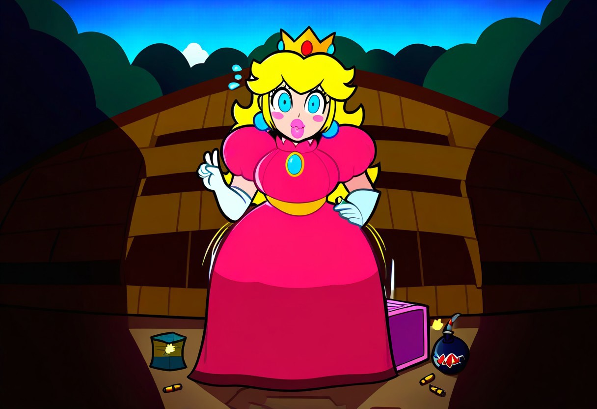 score_9,score_8_up,score_7_up,score_6_up,score_5_up,1girl, (princess_peach),mario_(series),(blonde_hair),blue_eyes,thick lips,glowing eyes,(wide hips),(thick thighs),curvy,happy,(blush stickers),tongue,pink dress,puffy shoulders,flower accesories, gold crown,gold belt,(long hair),(hand sign),white gloves,hair acccessories,holding wooden hammer,Jed-StickyN,belt,bullet belt,potion bottles,(bomb:1.4),lace pink dress,one-piece dress, long skirt,(gun case),CHRC4ND7,(forest),dress made of paper,(jewelry made of candies),(weapons made of paper),thick lips, wooden hut in the background,armory near forest,stone path, (motion lines:1.4),(trembling lines:1.4),(steamy breath),(flying sweatdrops:1.4),(clouds,stone bridge,statues made of paper), deep background,bracalet,gold necklace,mole,(??:1.4),origami, masterpiece,best quality,newest,absurdres,best shadow,light particles,4k,highly detailed background,amazing quality,very detailed clothes,highly detailed skin,wooden fence,umbrella, emphasis lines,very aesthetic,dynamic angle,high quality,gun, best shadows,spoken star,elbow gloves,<lora:add-detail-xl:2>
