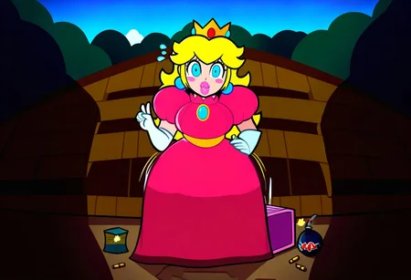 score_9,score_8_up,score_7_up,score_6_up,score_5_up,1girl, (princess_peach),mario_(series),(blonde_hair),blue_eyes,thick lips,glowing eyes,(wide hips),(thick thighs),curvy,happy,(blush stickers),tongue,pink dress,puffy shoulders,flower accesories, gold crown,gold belt,(long hair),(hand sign),white gloves,hair acccessories,holding wooden hammer,Jed-StickyN,belt,bullet belt,potion bottles,(bomb:1.4),lace pink dress,one-piece dress, long skirt,(gun case),CHRC4ND7,(forest),dress made of paper,(jewelry made of candies),(weapons made of paper),thick lips, wooden hut in the background,armory near forest,stone path, (motion lines:1.4),(trembling lines:1.4),(steamy breath),(flying sweatdrops:1.4),(clouds,stone bridge,statues made of paper), deep background,bracalet,gold necklace,mole,(??:1.4),origami, masterpiece,best quality,newest,absurdres,best shadow,light particles,4k,highly detailed background,amazing quality,very detailed clothes,highly detailed skin,wooden fence,umbrella, emphasis lines,very aesthetic,dynamic angle,high quality,gun, best shadows,spoken star,elbow gloves,<lora:add-detail-xl:2>