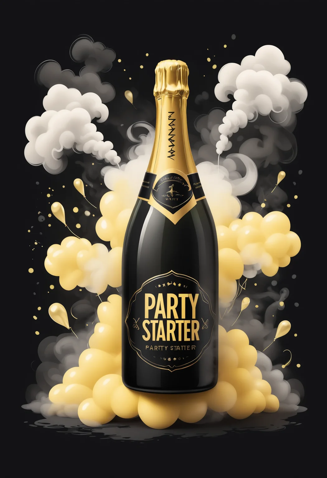 illustration, text logo "Party Starter", black, yellow, a bottle of champagne, surrounded by smoke
<lora:dvr-smk-sdxl:1>