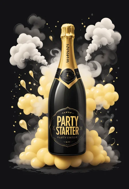illustration, text logo "Party Starter", black, yellow, a bottle of champagne, surrounded by smoke
<lora:dvr-smk-sdxl:1>
