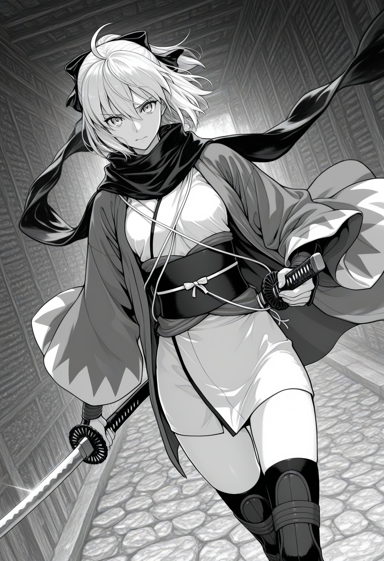 ((monochrome, greyscale, )), okita souji \(fate\), okita souji \(koha-ace\), 1girl, solo, looking at viewer, long sleeves, thighhighs, bow, hair between eyes, closed mouth, ahoge, weapon, hair bow, japanese clothes, sword, wide sleeves, kimono, holding weapon, scarf, sash, dutch angle, holding sword, obi, katana, sheath, sheathed, haori, short kimono, arm guards, holding sheath, masterpiece, best quality, ultra-detailed, highest quality, official art, latest, very awa, very aesthetic, detailed shading, (detailed background, complex background), amazing quality, intricate, hyper-detailed, excellent, absurdres, latest,