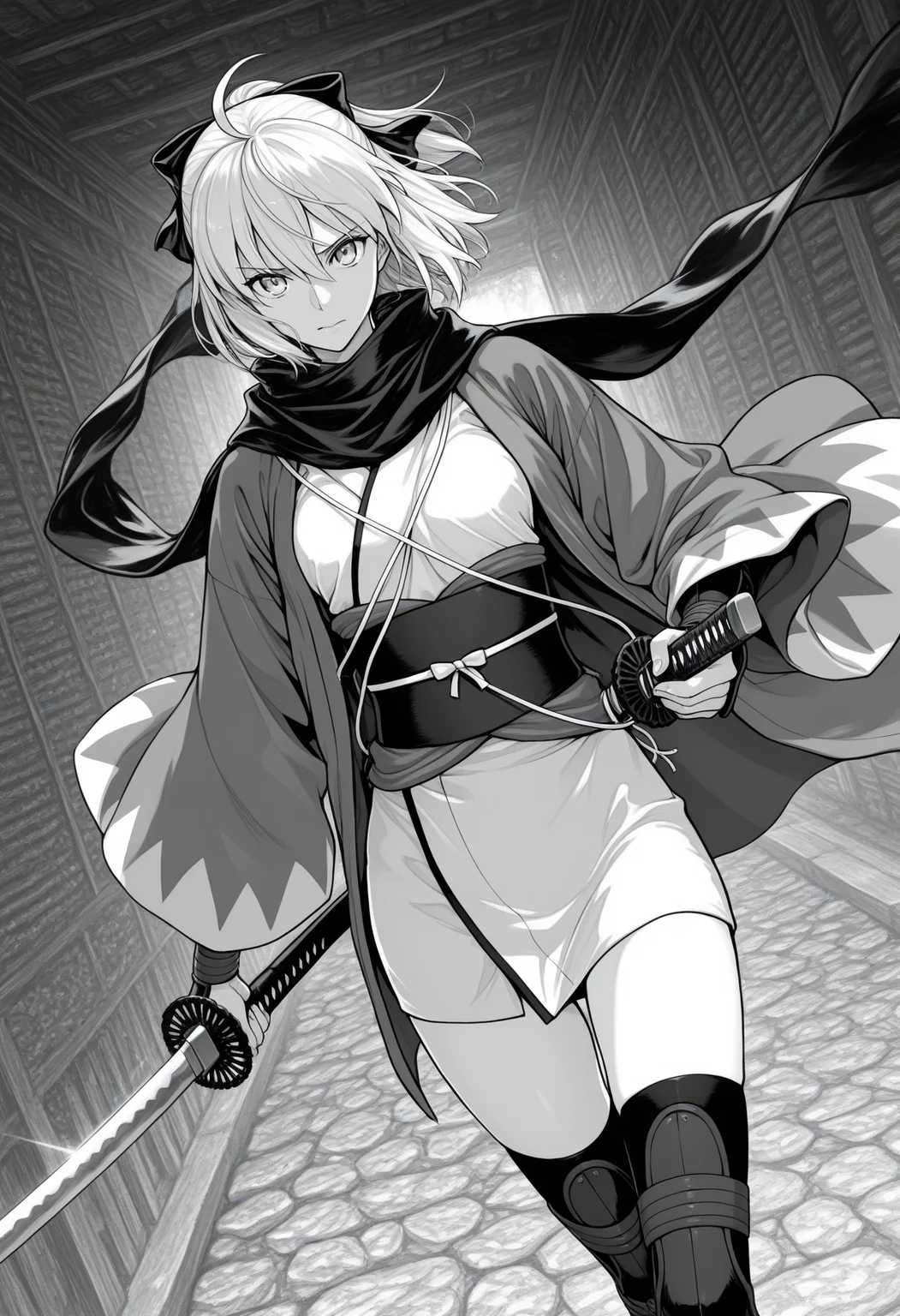 ((monochrome, greyscale, )), okita souji \(fate\), okita souji \(koha-ace\), 1girl, solo, looking at viewer, long sleeves, thighhighs, bow, hair between eyes, closed mouth, ahoge, weapon, hair bow, japanese clothes, sword, wide sleeves, kimono, holding weapon, scarf, sash, dutch angle, holding sword, obi, katana, sheath, sheathed, haori, short kimono, arm guards, holding sheath, masterpiece, best quality, ultra-detailed, highest quality, official art, latest, very awa, very aesthetic, detailed shading, (detailed background, complex background), amazing quality, intricate, hyper-detailed, excellent, absurdres, latest,
