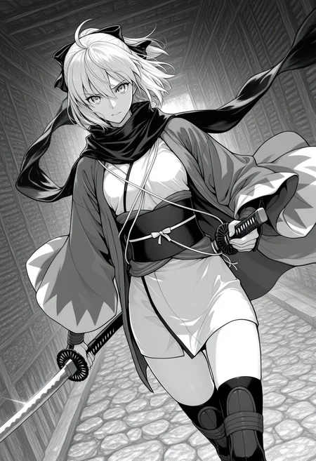 ((monochrome, greyscale, )), okita souji \(fate\), okita souji \(koha-ace\), 1girl, solo, looking at viewer, long sleeves, thighhighs, bow, hair between eyes, closed mouth, ahoge, weapon, hair bow, japanese clothes, sword, wide sleeves, kimono, holding weapon, scarf, sash, dutch angle, holding sword, obi, katana, sheath, sheathed, haori, short kimono, arm guards, holding sheath, masterpiece, best quality, ultra-detailed, highest quality, official art, latest, very awa, very aesthetic, detailed shading, (detailed background, complex background), amazing quality, intricate, hyper-detailed, excellent, absurdres, latest,