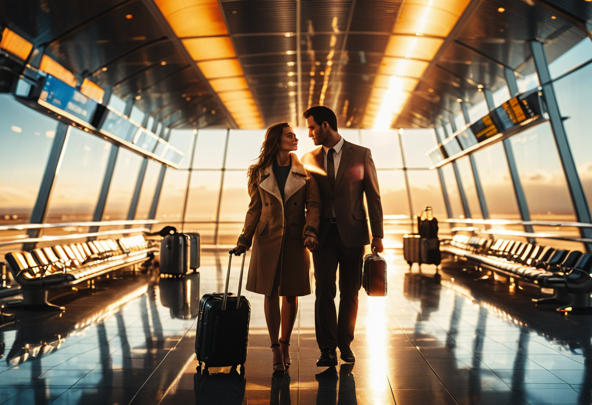 midjourneylora, couple, airport,Cinematic Lighting, Dramatic lighting, high contrast, detailed shadows, high-resolution