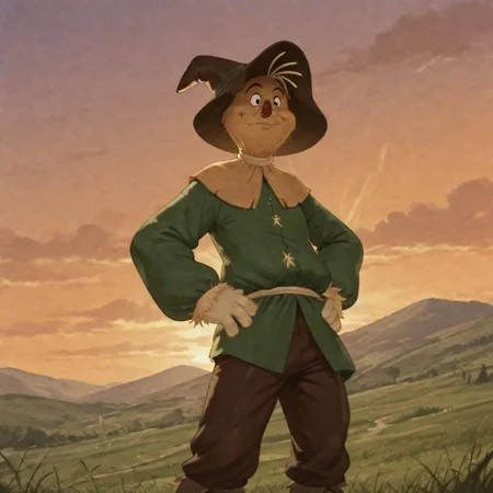 Scarecrow, solo, standing on top of a hill, hands on hips, watching the sunrise