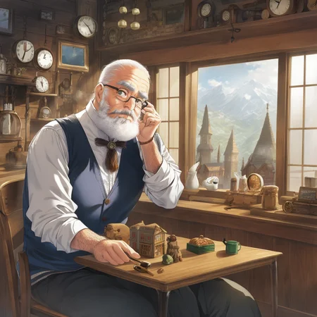 Bearded old man, glasses, sitting at table, vest, solo, masterpiece, clocks, wooden shack