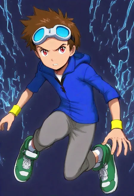 (score_9, score_8_up, score_7_up), source_anime, parted lips, serious, solo, looking at viewer,dynamic pose, detailed, 1boy, male focus, TakatoM, 1boy, solo, brown hair, red eyes, goggles on head, blue hoodie, yellow wristband, grey pants, white socks, green shoes with white accents,  best quality, amazing quality, best aesthetic, absurdres, masterpiece, , best quality, amazing quality, best aesthetic, absurdres, masterpiece, ,sharp focus, perfect hands, perfect face, perfect eyes,  Cyberspace, (matrix inspired landscape:1.2), (hologram:0.6), (astral travel:.3), (cyberpunk art:0.8), ((created by glowing magical energy in cyberspace)), cyberpunk netrunner's digital world, (digital concept art:0.8)