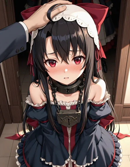 1girl,
very awa, red eyes, black hair, long hair, very long hair, ahoge, daliandress, padlock, collar, metal collar, chain, black dress, headdress, long sleeves, hair bow, large bow, red bow, armored boots, frills, standing, upper body, headpat, blush, pov, parted lips, shy, embarrassed, lock, bow, bare shoulders, full-face blush, looking away, dress, solo focus,
masterpiece, best quality, newest, highres, absurdres, sensitive
<lora:NoobV065sHyperDmd:1> <lora:NovelDalian_IXL:1>