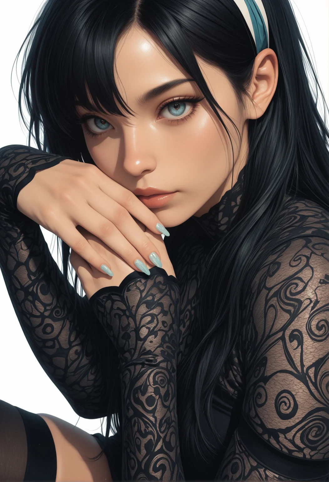 masterpiece, best quality, ultra-detailed, 8k resolution, high dynamic range, absurdres, stunningly beautiful, intricate details, sharp focus, detailed eyes, cinematic color grading, high-resolution texture, photorealistic,
adult, 1woman, very awa,
white background, abstract background pattern, distortion effect, black,
feet view, thigh highs, nails, ribbon