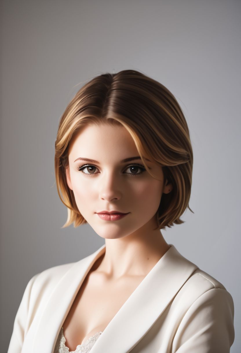 Masterpiece, (hasselblad 907x, sharp focus), photo-portrait, (3/4 view:1.5), (from above:0.8), (upper body:1.2), gorgeous woman, detailed face, short hair, <lora:Kate:1.8>, elegant, breathtaking, award winning photography, cinematic lighting,