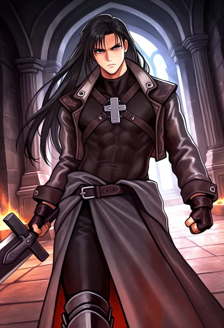 masterpiece, best quality, amazing quality, very aesthetic, absurdres, newest, 1boy, adult, male focus, hugbaldw, cutoff jacket, body harness with holy cross design, (long hair, black hair:1.1), charcoal greaves, gray skirt, black shirt, black pants, black fingerless gloves, standing, serious expression, holding claymore, dynamic angle, dark throne room, cowboy shot, (view from the side:1.4)