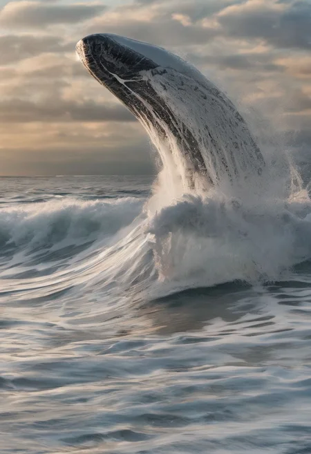 RAW Photography, sea monster, white whale, funnel wave, tube wave, lens flare, low wide angle, (sharpness in detail:1.1), Canon EOS 5D Mark IV, masterpiece, 35mm photograph, (iconic photograph:1.4), (visual storytelling:1.2), film grain, award winning photography of anomalous wave, very high