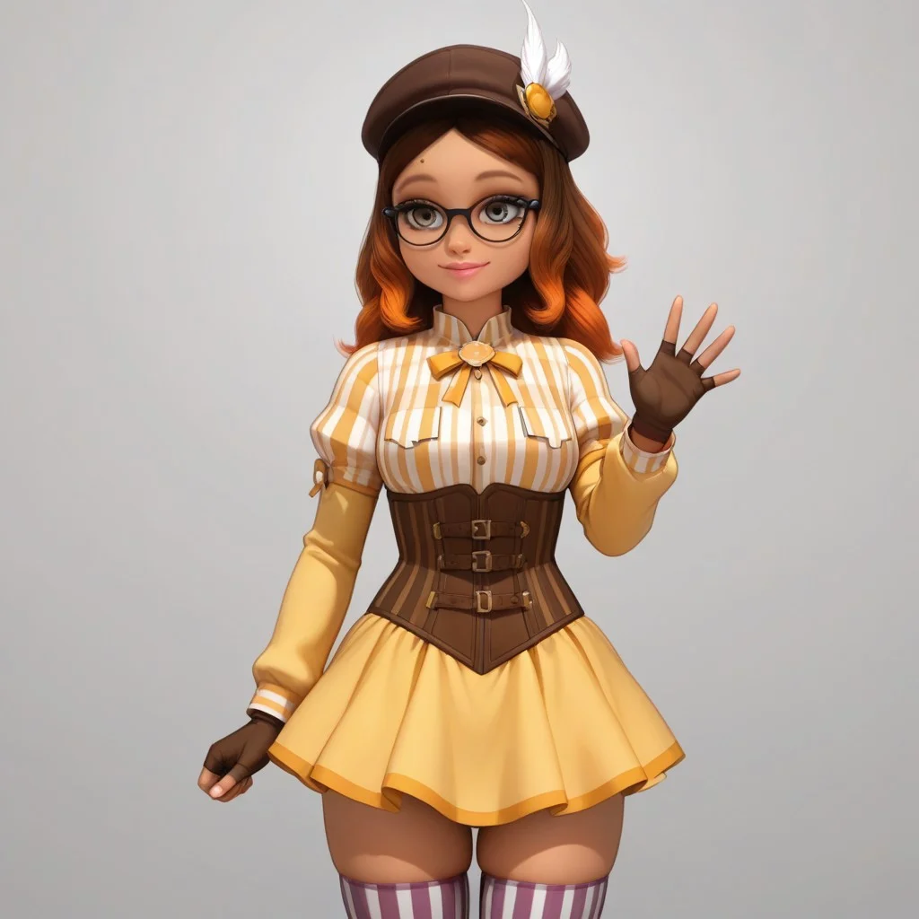 sfw, masterpiece, best quality, extremely detailed, highres, best quality, high quality, 1girl, solo,
grayish gold eyes, mole above her forehead, Alya Cesaire, black rimmed glasses with a white spot on each side, brown skin,
brown gloves, corset, detached sleeves, fingerless gloves, gloves, hat, juliet sleeves, long sleeves, magical girl, puffy sleeves, skirt, striped, striped thighhighs, thighhighs, thighs, vertical stripes, vertical-striped thighhighs, yellow skirt
Cowboy shot, smile, waving,