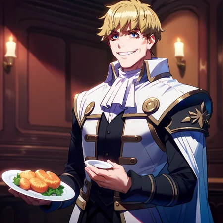 zPDXL3, score_9_up, score_8_up, score_7_up, (Anime_source), 1boy, solo, standing, looking at viewer, smiling, overlord_philip, ascot, blonde hair, plate armor, white cape, shoulder armor