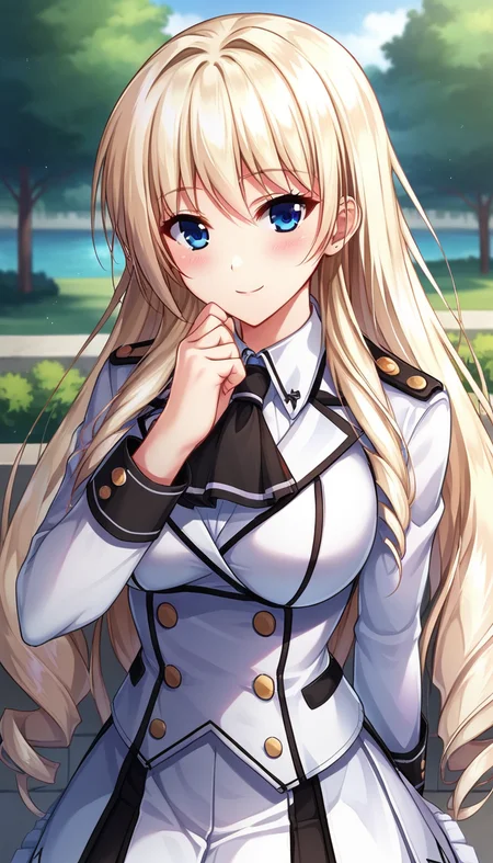 score_9,score_8_up,masterpiece,best quality,correct anatomy,anime_source,1girl,solo,perfect eyes,perfect arms,perfect legs,perfect face,outdoors,upper body,(portrait:1.5),looking at viewer,facing viewer,smile,blush,Silveria Leodiehl,very long hair,blonde hair,hair intakes,drill hair,sidelocks,bangs,blue eyes,uniform,black ascot,white jacket,double-breasted,white shirt,long sleeves,large breasts,miniskirt,white skirt,frilled skirt,pleated skirt,zettai ryouiki,black thighhighs,loafers,white footwear,<lora:Silveria Leodiehl(uq)-Pony:1.2>,