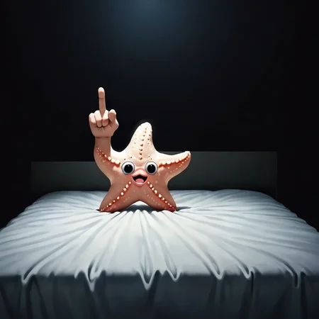 starfish on bed, middle finger up, midnight, dark room, simple background, photo, realistic, (no humans:1.5), best quality