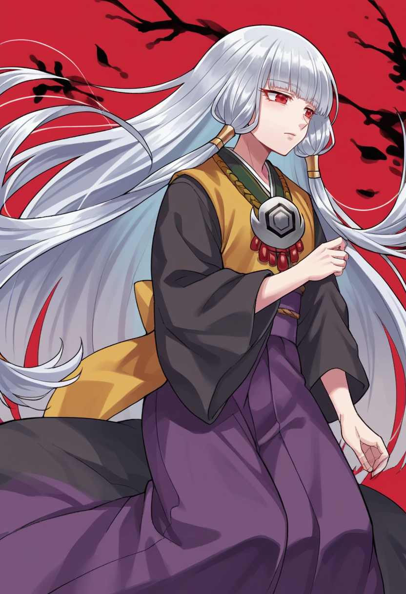 score_9, score_8_up, score_7_up, source_anime  BREAK    1girl, Uematsu Rikako, silver hair, long hair, two front braids, red eyes,  pendant, two yellow ribbons, black kimono, purple skirt, long skirt    <lora:RikakoPonyXLNoscale-000009:1>