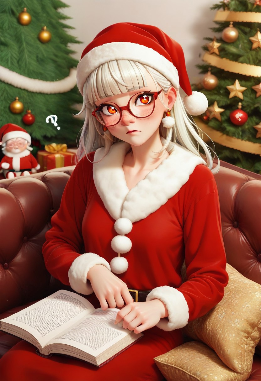 score_9, score_8_up, score_7_up, masterpiece, source_anime, <lora:Merunyaa_merunyaa.xyz_Artstyle_Revised_PonyXL:1> , mclaus, white hair, old women, red christmas dress, red cap, 1girl, solo, living room, sitting on couch, reading bible:0.4, confused, ?, toys, christmas tree, day, looking at book, white skin,