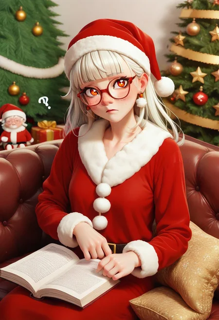 score_9, score_8_up, score_7_up, masterpiece, source_anime, <lora:Merunyaa_merunyaa.xyz_Artstyle_Revised_PonyXL:1> , mclaus, white hair, old women, red christmas dress, red cap, 1girl, solo, living room, sitting on couch, reading bible:0.4, confused, ?, toys, christmas tree, day, looking at book, white skin,