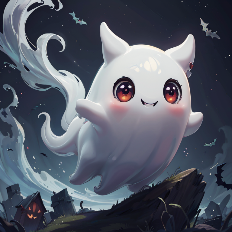 ((masterpiece,best quality)), absurdres,
<lora:Cute_Ghost_Anime:1>, Cute_Ghost, no humans, solo, ghost, floating, halloween, pokemon (creature), cute, 
solo, smiling, looking at viewer,
purple theme, graveyard in background,