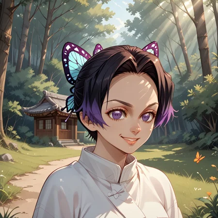 score_9, score_8, BREAK, solo, Kochou shinobu, alternate hair style, short hair, 1girl, parted bangs, forehead, butterfly hair ornament, solo, no pupils, adult female, mature female, breasts, sexy pose, self portrait, smile, outdoors, sunlight, shadows, evening lighting, natural lighting, forest, trees, grass, orange sky, sunset