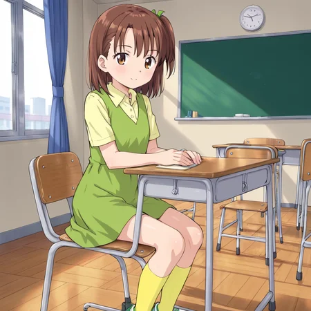 indoors, classroom,  <lora:v2:1> jerikatou, 1girl, solo, brown hair, green dress, yellow collared shirt, side ponytail, brown eyes, shoes, yellow socks, sitting, at desk, in chair.
