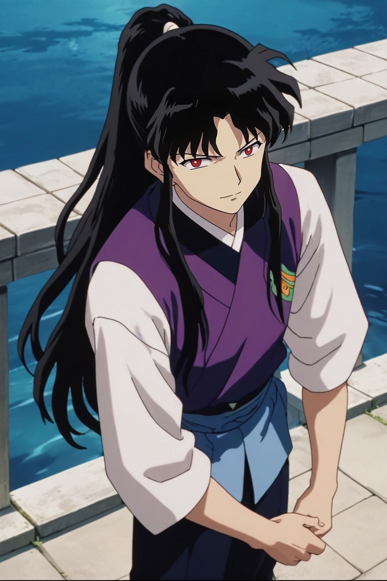 score_9, score_8_up, score_7_up, source_anime, rating_safe, , anime screencap, , official style, looking at viewer, depth of field, 1boy, solo, male focus, <lora:naraku_inuyasha_pony:0.86>, naraku_inuyasha, black hair, red eyes, long hair, bangs, ponytail, from above, pond, arch, japanese architecture, dawn, standing on one leg, smirk, , beanie, <lora:sdxl_lightning_8step_lora:1>