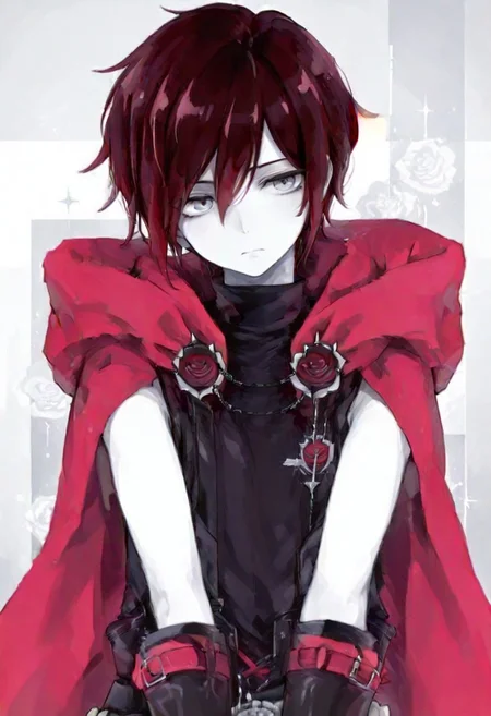 Solo , 1 boy , score_9, score_8_up, score_7_up, score_6 ,Garnet_Rose , Garnet_BroRose, dark red hair white skin , grey eyes , red cape , black clothes , black boots , front view , upper body focus , upper body only