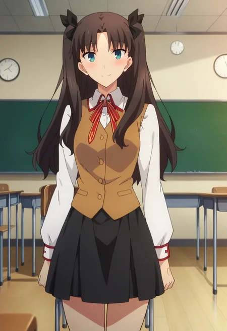score_4, score_5, score_6, score_9, score_8_up, score_7_up, source_anime,
<lora:FateStayNightUBW_TohsakaRin:0.8>, TohsakaRin,
1girl, light smile, blush,
brown hair, two side up, parted bangs, blue eyes, hair ribbon,
RinSchoolUniform, white shirt, collared shirt, brown vest, black skirt, long sleeves, long skirt, neck ribbon,
looking at viewer, thigh gap,
indoors, classroom