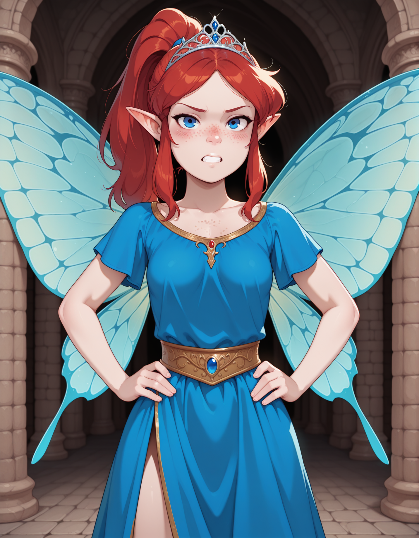 masterpiece, best quality, amazing quality, 1girl, blush, annoyed, teeth, red ponytail, red sidelocks, small breasts, blue eyes, fairy wings, freckles, looking at viewer, BREAK, standing, hands on hips, roman clothes, princess, blue dress, tiara, jewelry, castle hall, <lora:DaveCheungVanillaCookiesTehDave_Style_for_Illustrious:1>, vcookiez