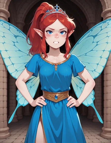 masterpiece, best quality, amazing quality, 1girl, blush, annoyed, teeth, red ponytail, red sidelocks, small breasts, blue eyes, fairy wings, freckles, looking at viewer, BREAK, standing, hands on hips, roman clothes, princess, blue dress, tiara, jewelry, castle hall, <lora:DaveCheungVanillaCookiesTehDave_Style_for_Illustrious:1>, vcookiez